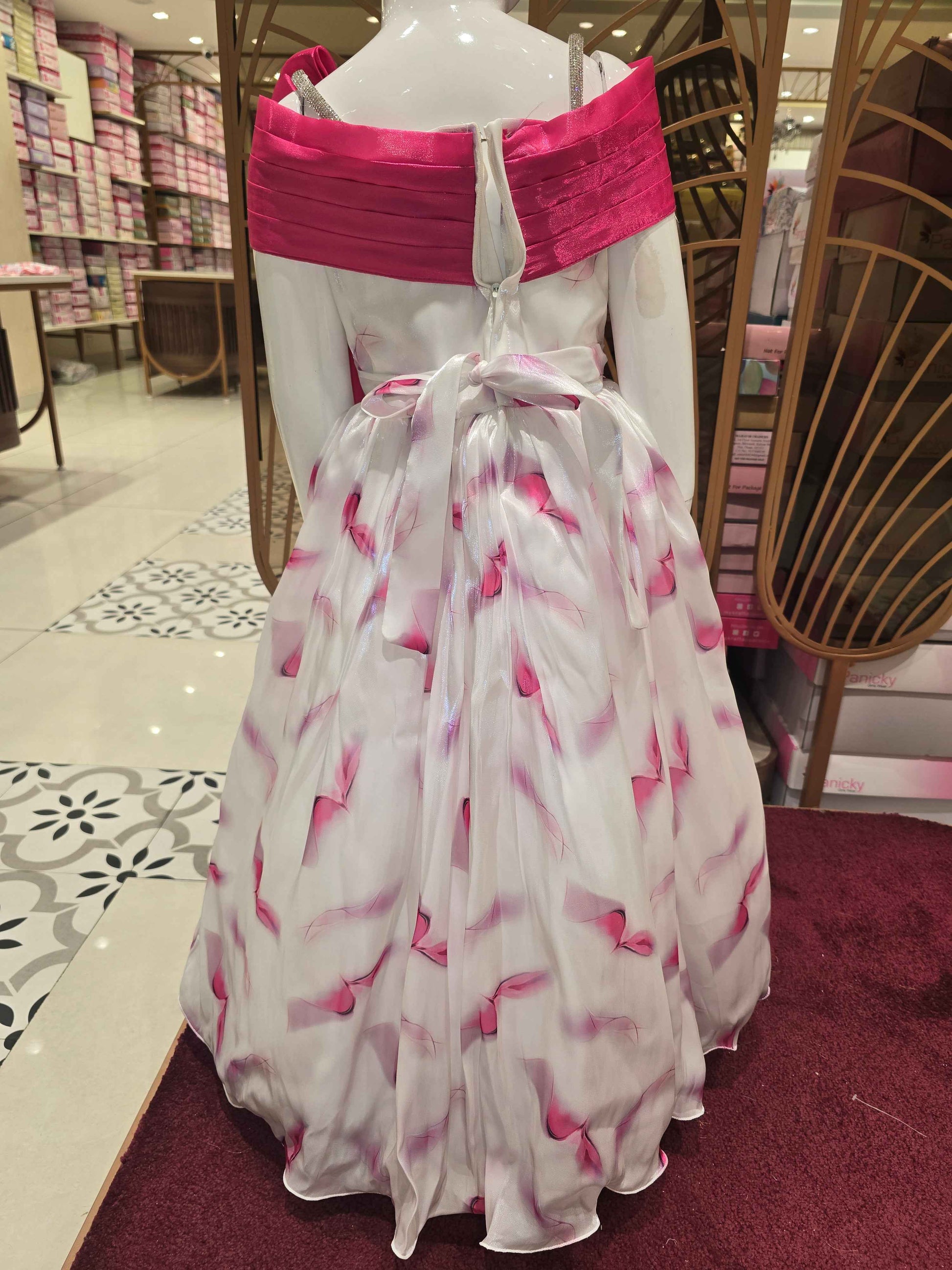 Girl White Pink Printed Organza Party Gown