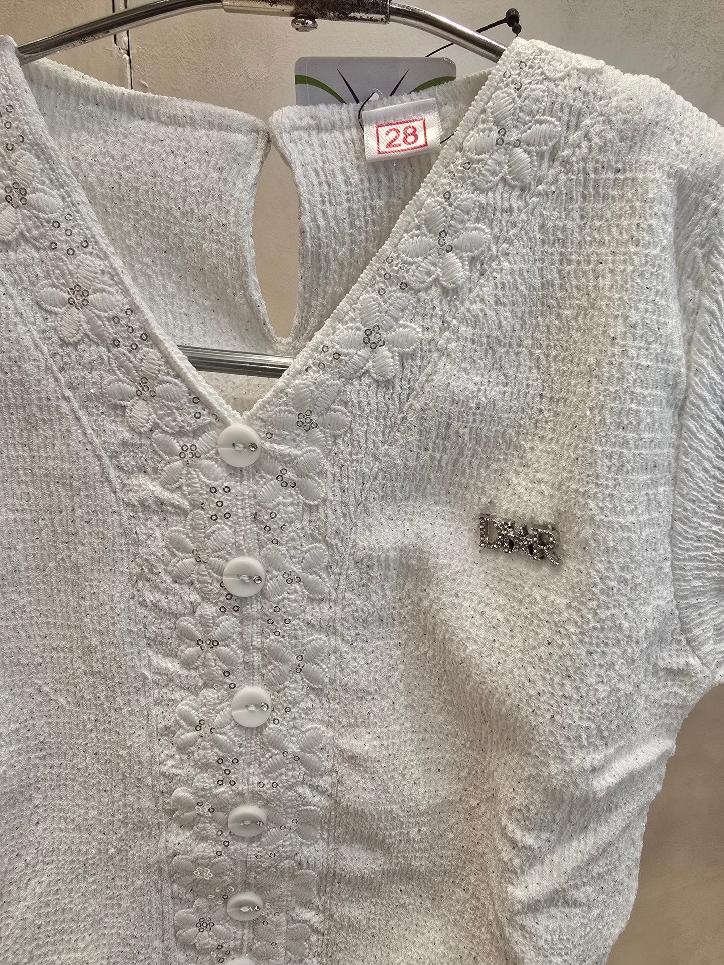 White Colored Crepe Georgette Fabric Western Top with Letter Brauch, Embroidery Design & Sequence