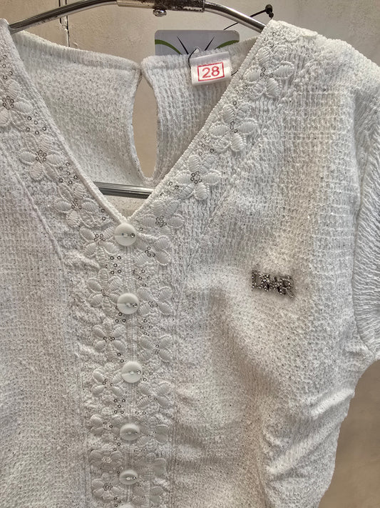 White Colored Crepe Georgette Fabric Western Top with Letter Brauch, Embroidery Design & Sequence