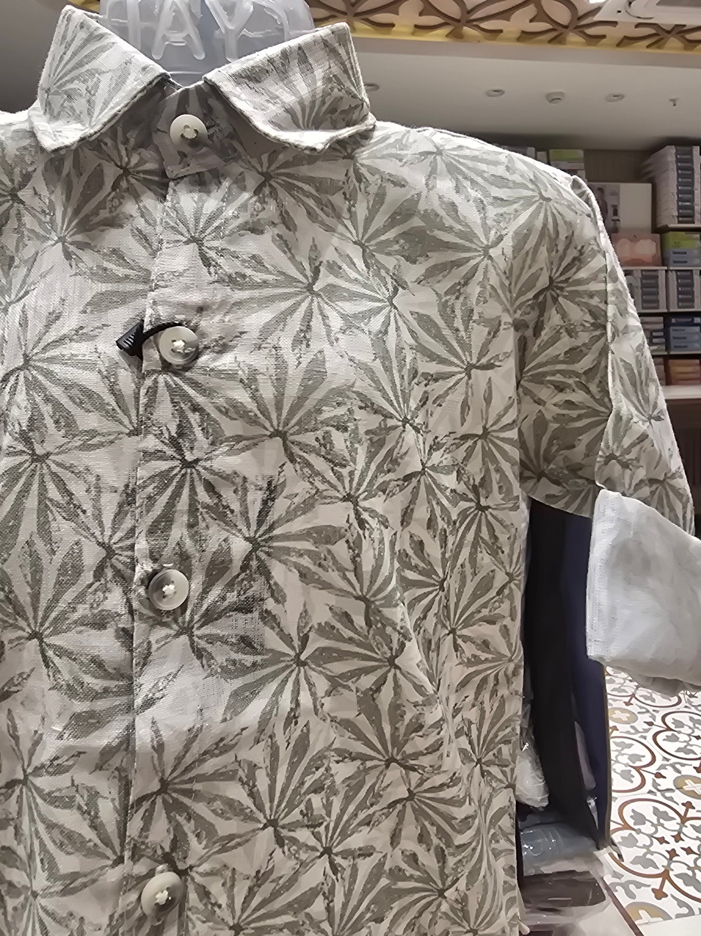 Cream Cotton Shirt for Boys with Green Leaf Print, Full Sleeves and Summer Casual Comfort