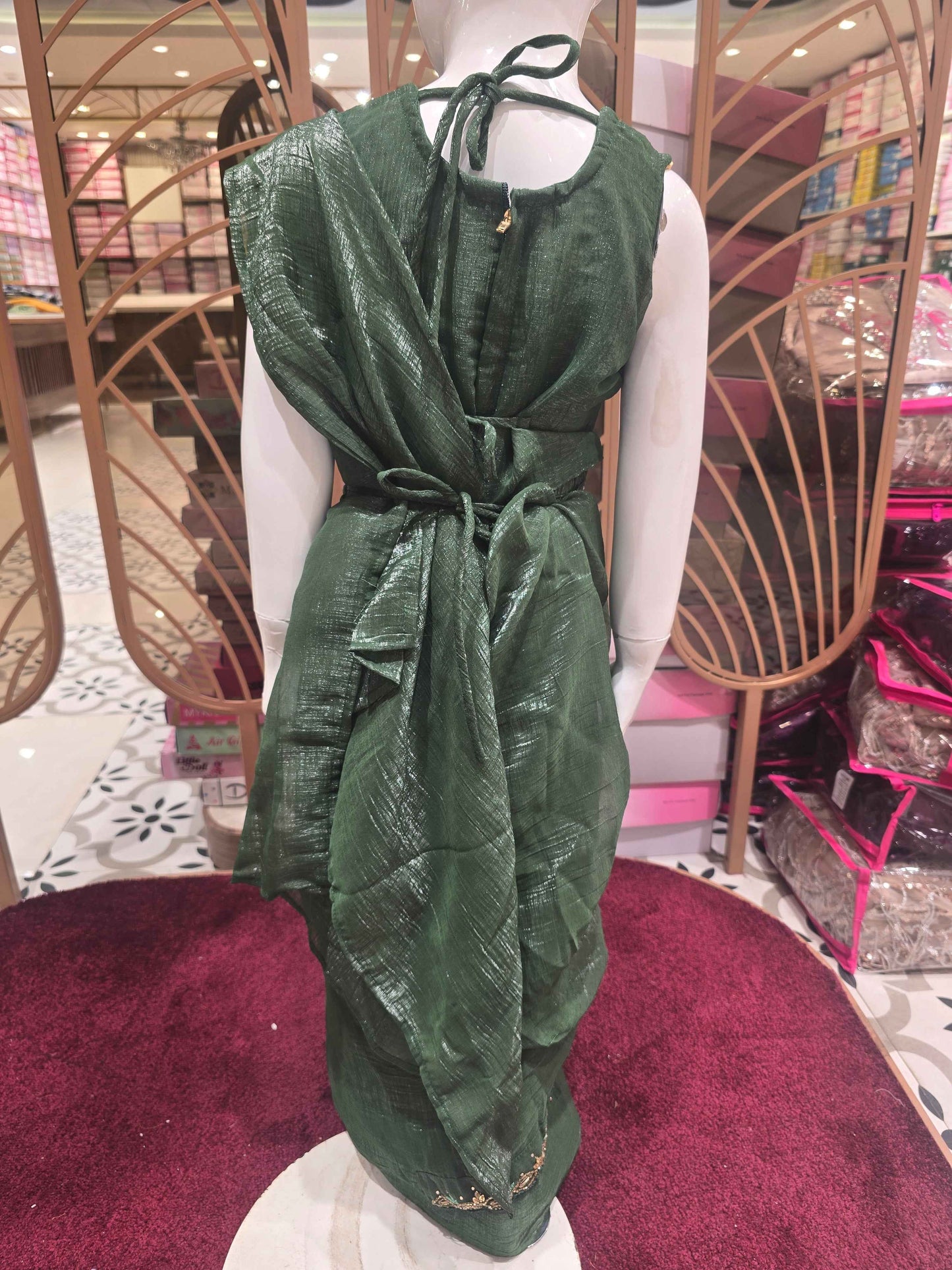 Crush tissue Material green colour ethnic ready to wear( 1min saree) with stone work detachable belt