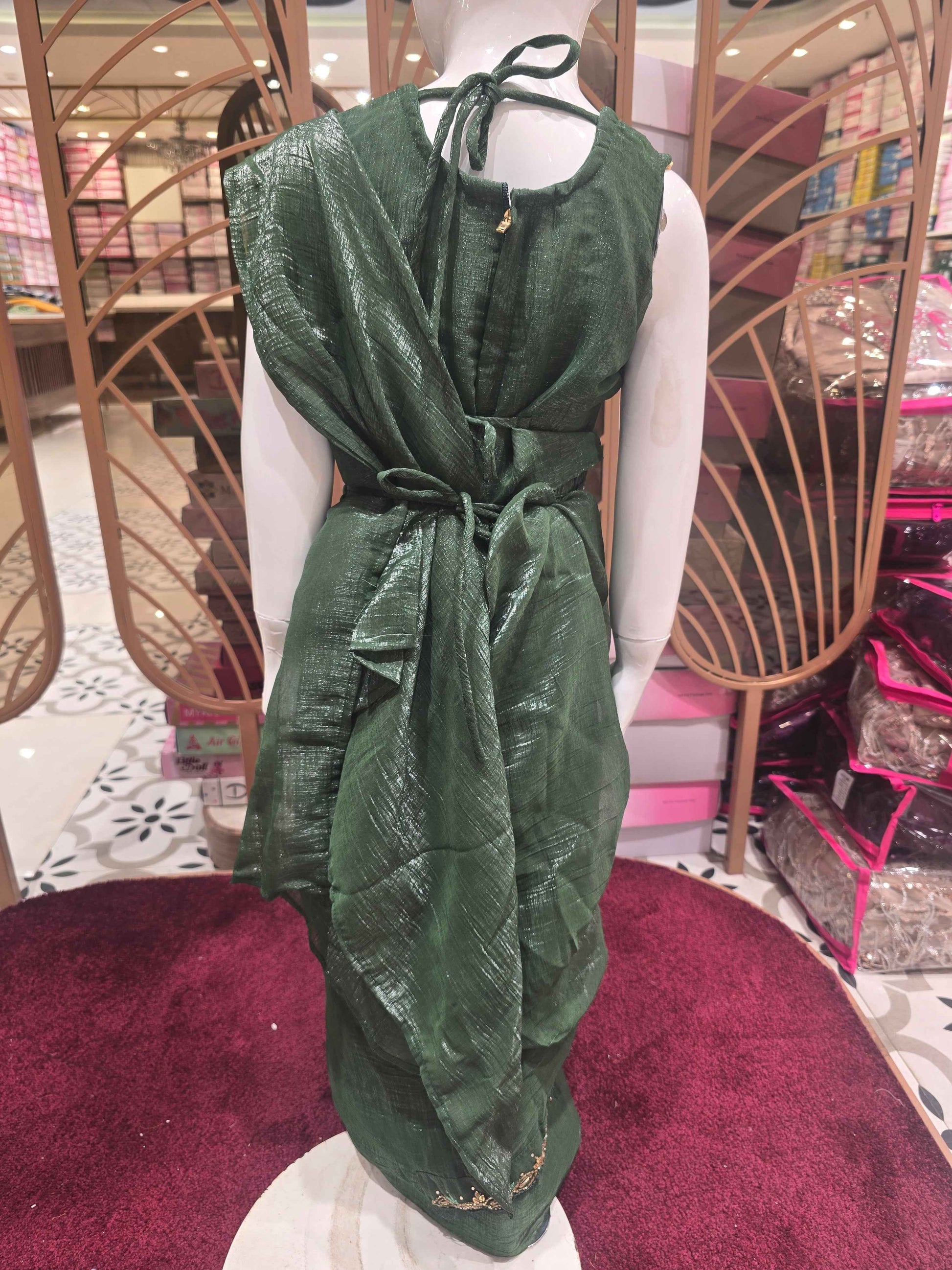 Crush tissue Material green colour ethnic ready to wear( 1min saree) with stone work detachable belt