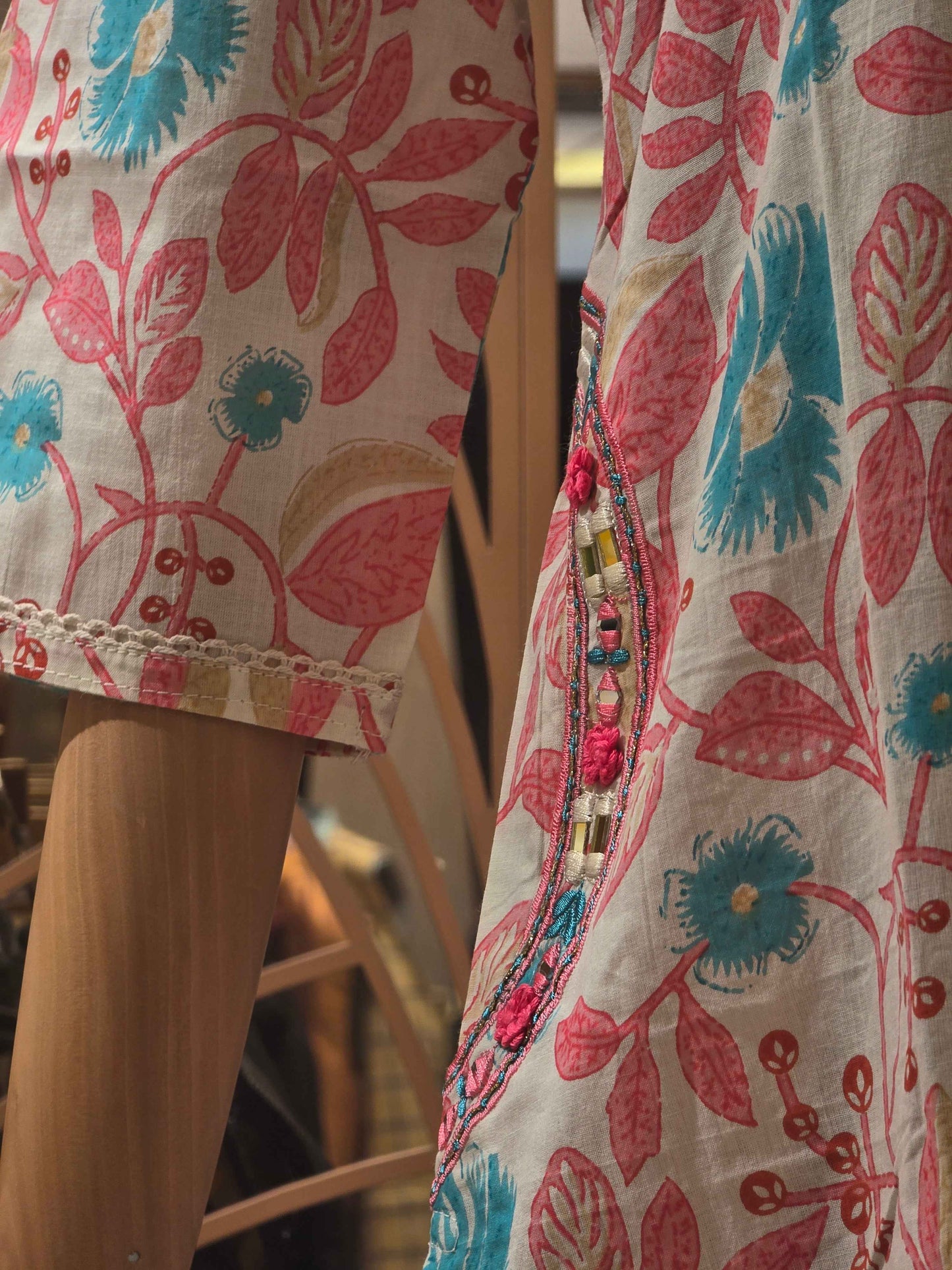 Printed Cotton material half white based with colar neck and pocket