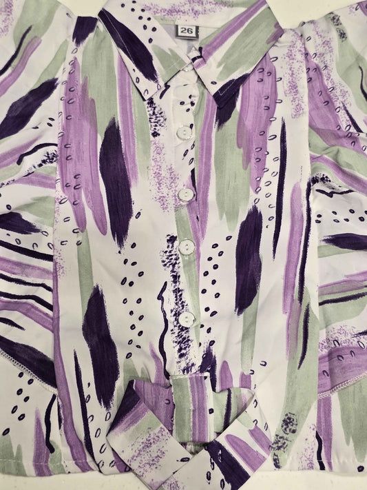 Purple and Sage Green Abstract Print Cropped Blouse for Girls