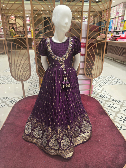 Wine Colored Crepe Silk Traditional Gown with Buf Sleeves, Ladkhan Waist & Hand-Work Round Neck Design – Girls (Age 5, Size 24)