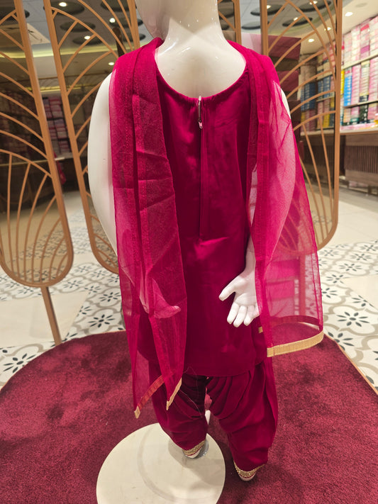 Girls Cherry Red Chiffon Patiala Set with Multi-Color Floral Embroidery (Size 24 | 4-5 Years)