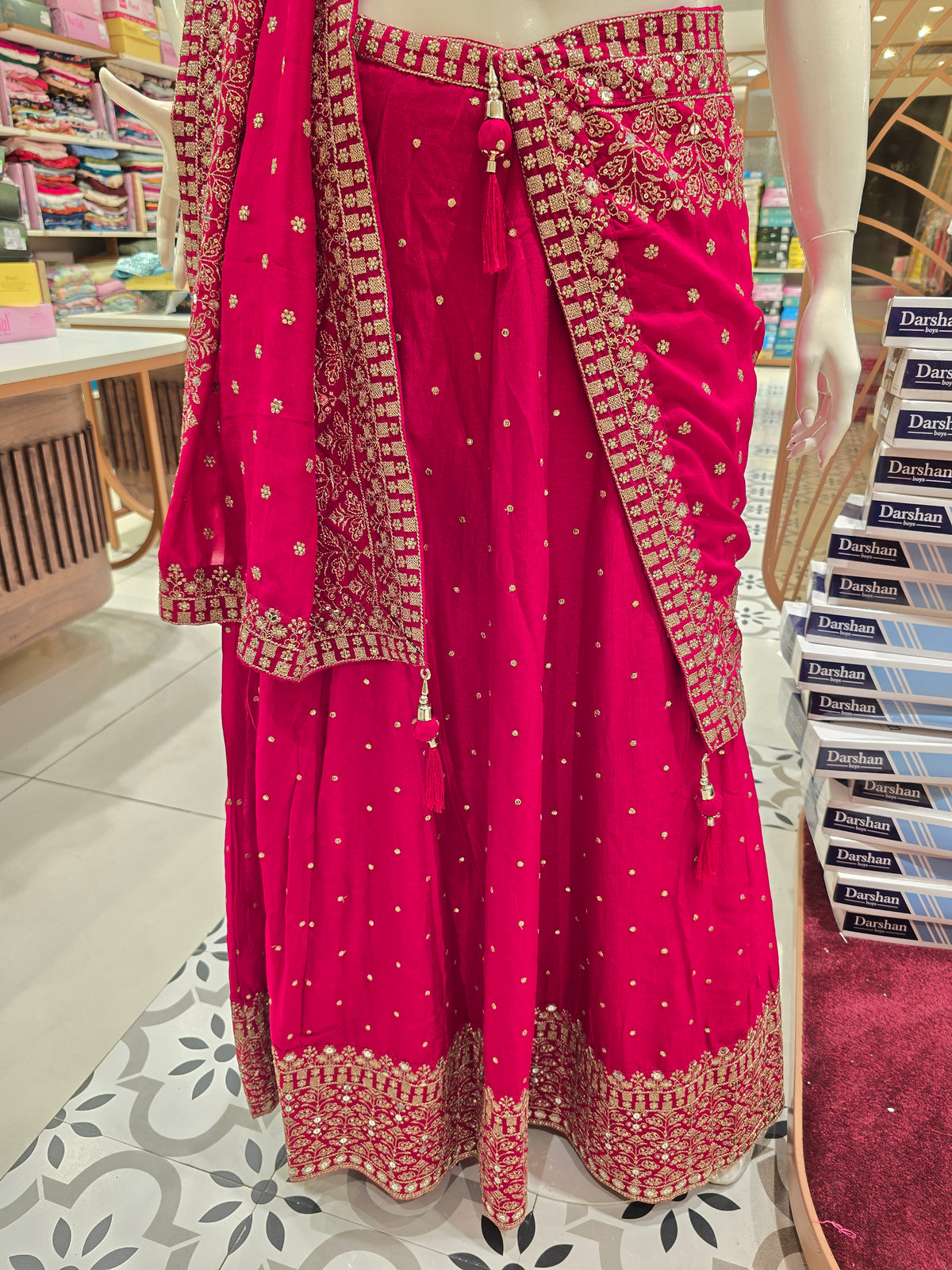 Rani Pink & Cream Georgette Lehenga Choli Set with Zari Embroidery