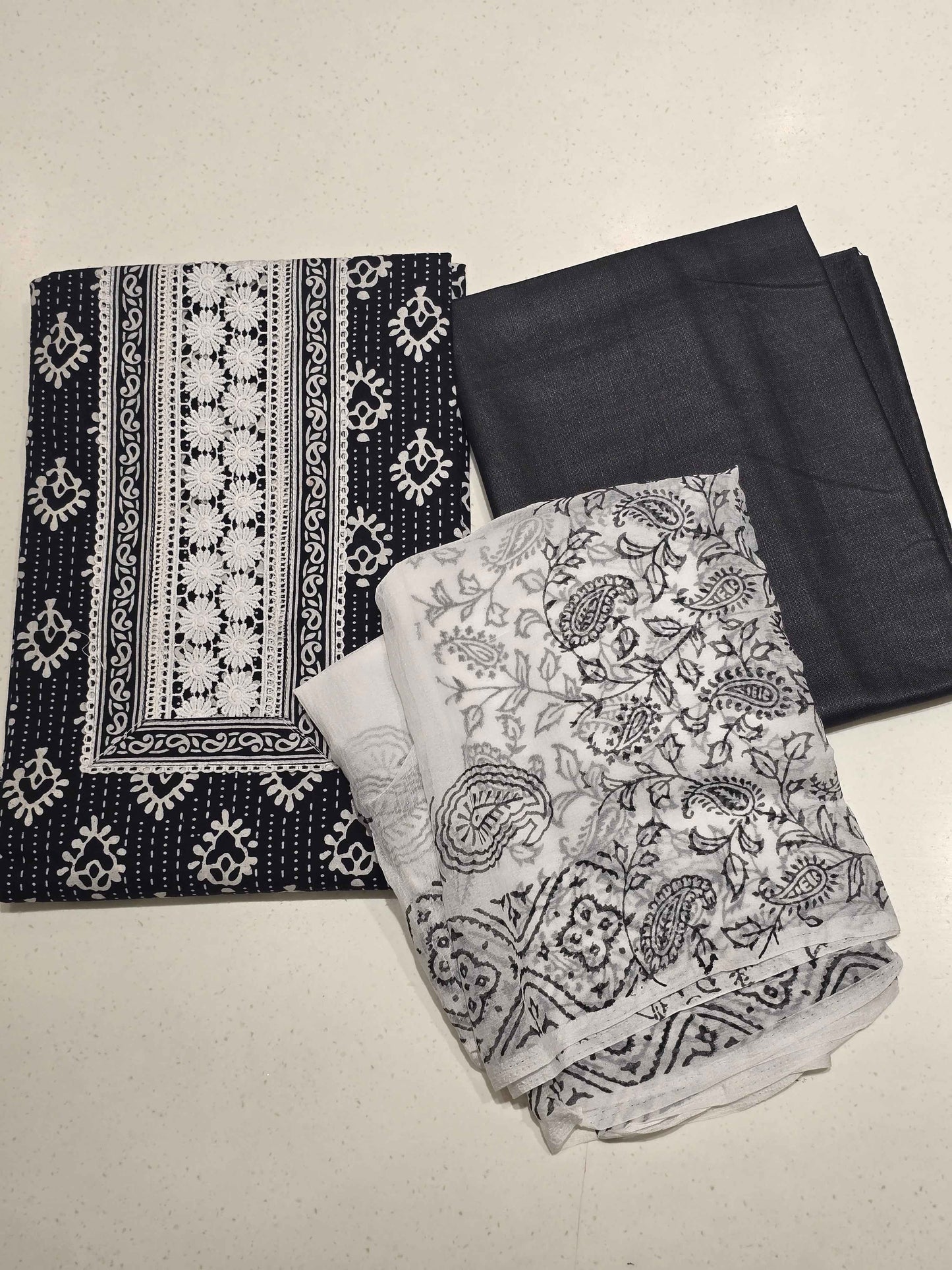 Black White Semi Cotton Dress Material