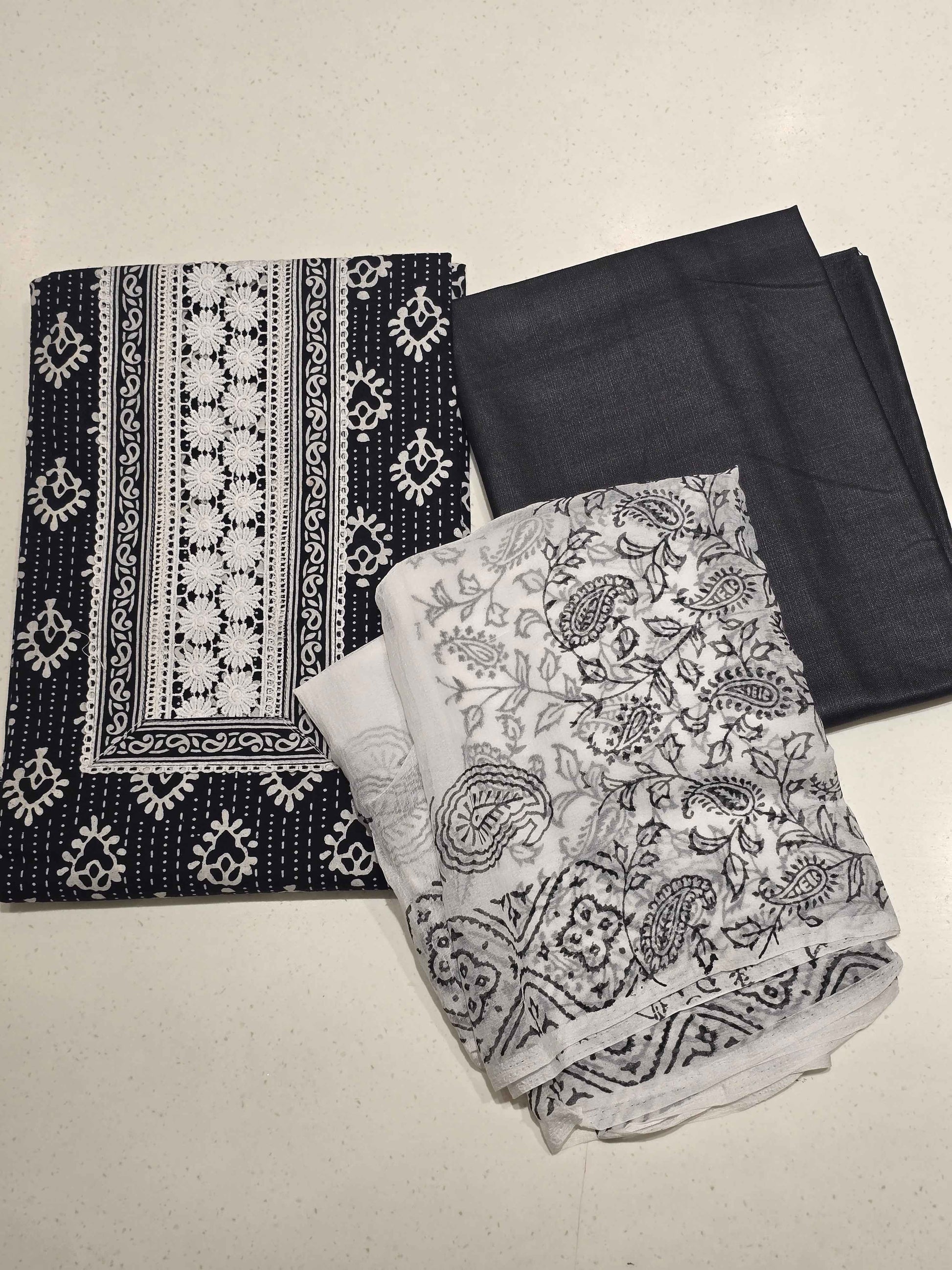 Black White Semi Cotton Dress Material