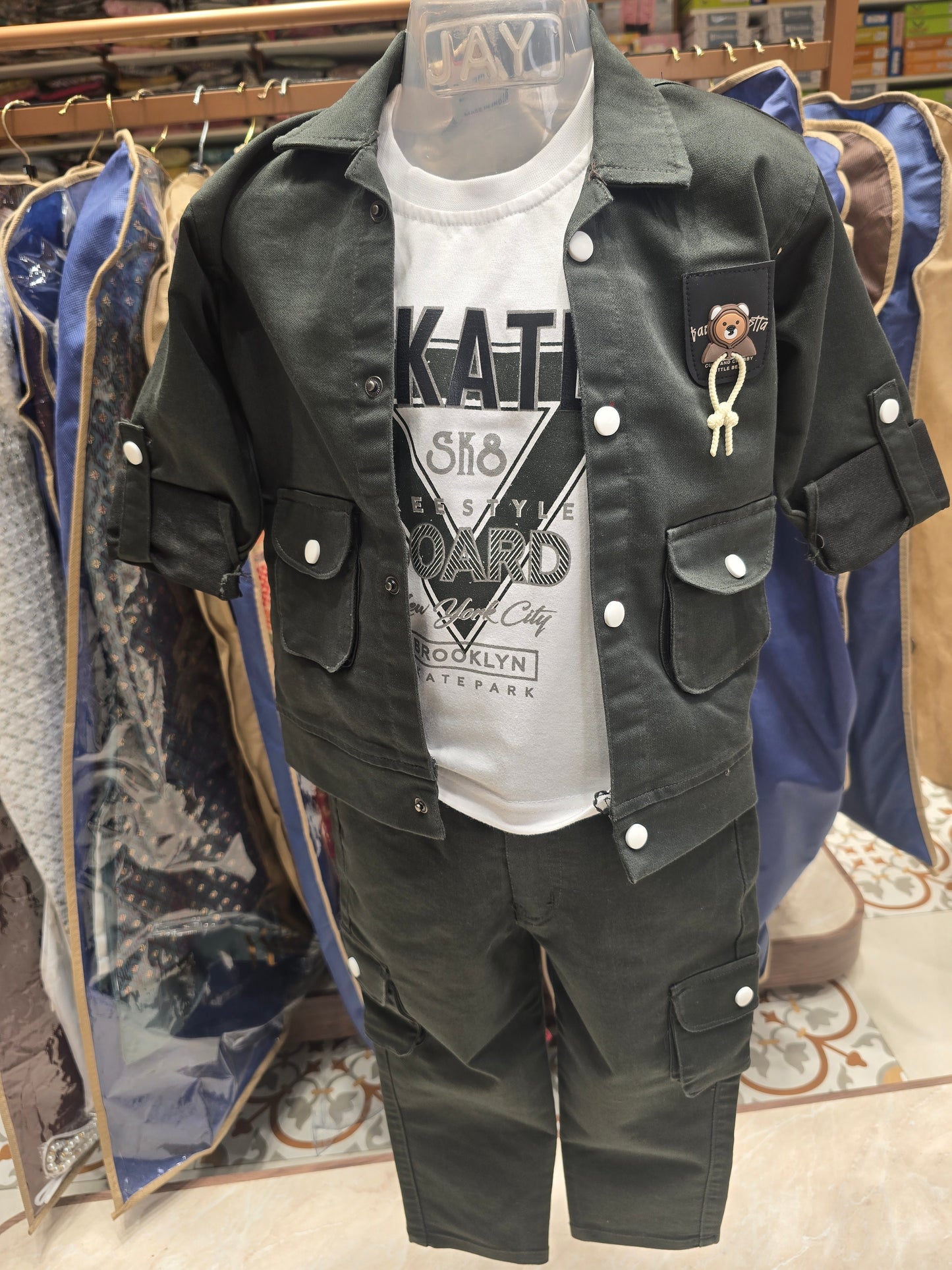 Boys Lycra Cotton 3 Piece Set in Bottle Green with Two Pocket Coat, Printed T-Shirt and Cargo Pant for Summer Wear