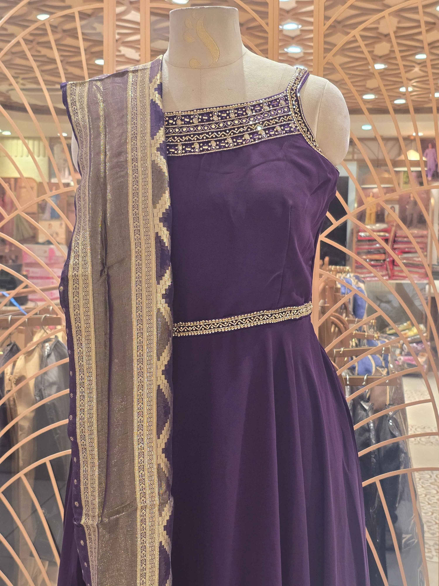 Shiffon material wine color party wear gown for women