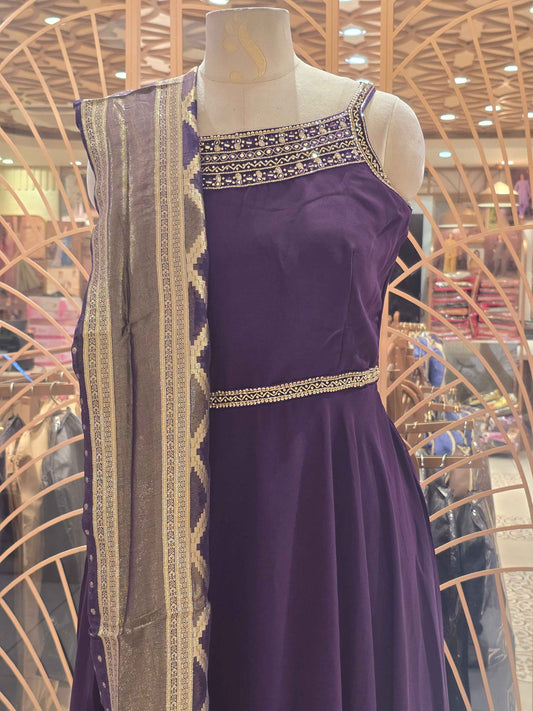 Shiffon material wine color party wear gown for women