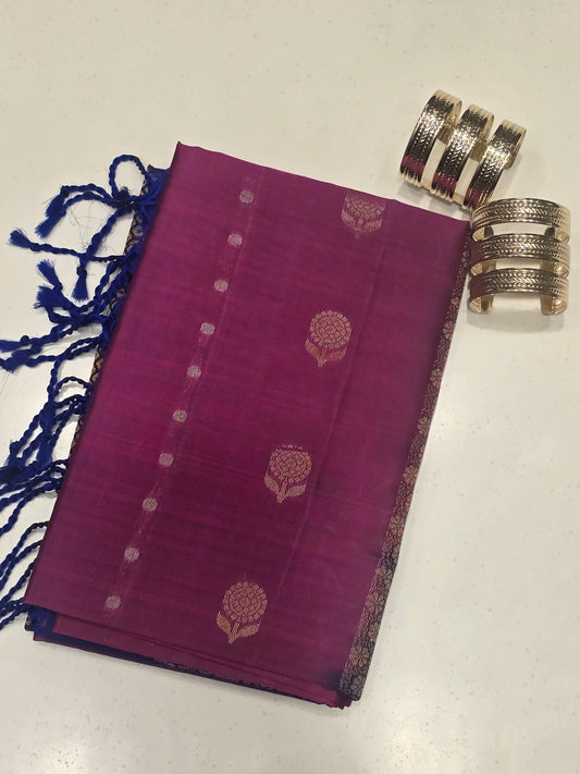 Pure Kanjivaram softsilk pink with navy blue color saree with mango rich pallu