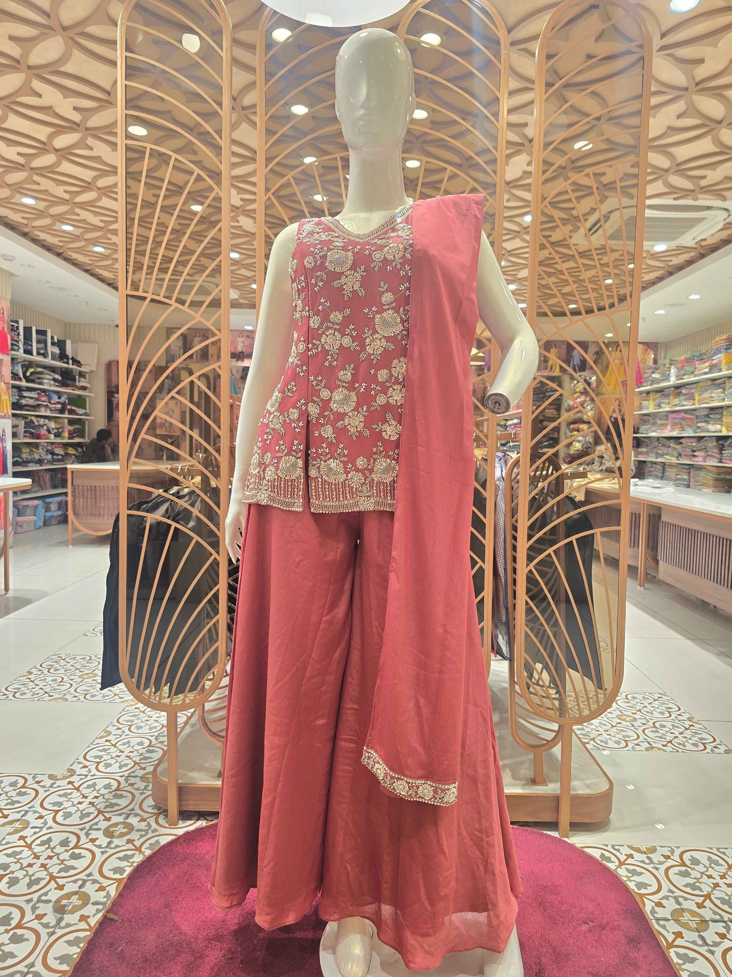 Tissue Material dark material plazo set with handwork and v-neck