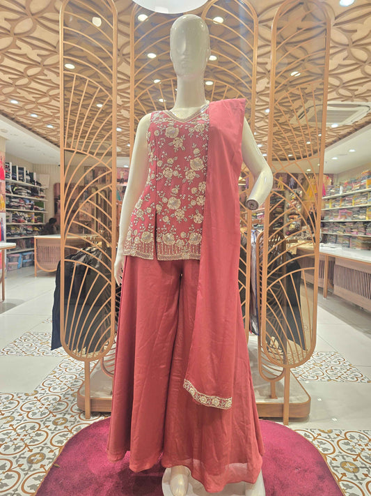 Tissue Material dark material plazo set with handwork and v-neck