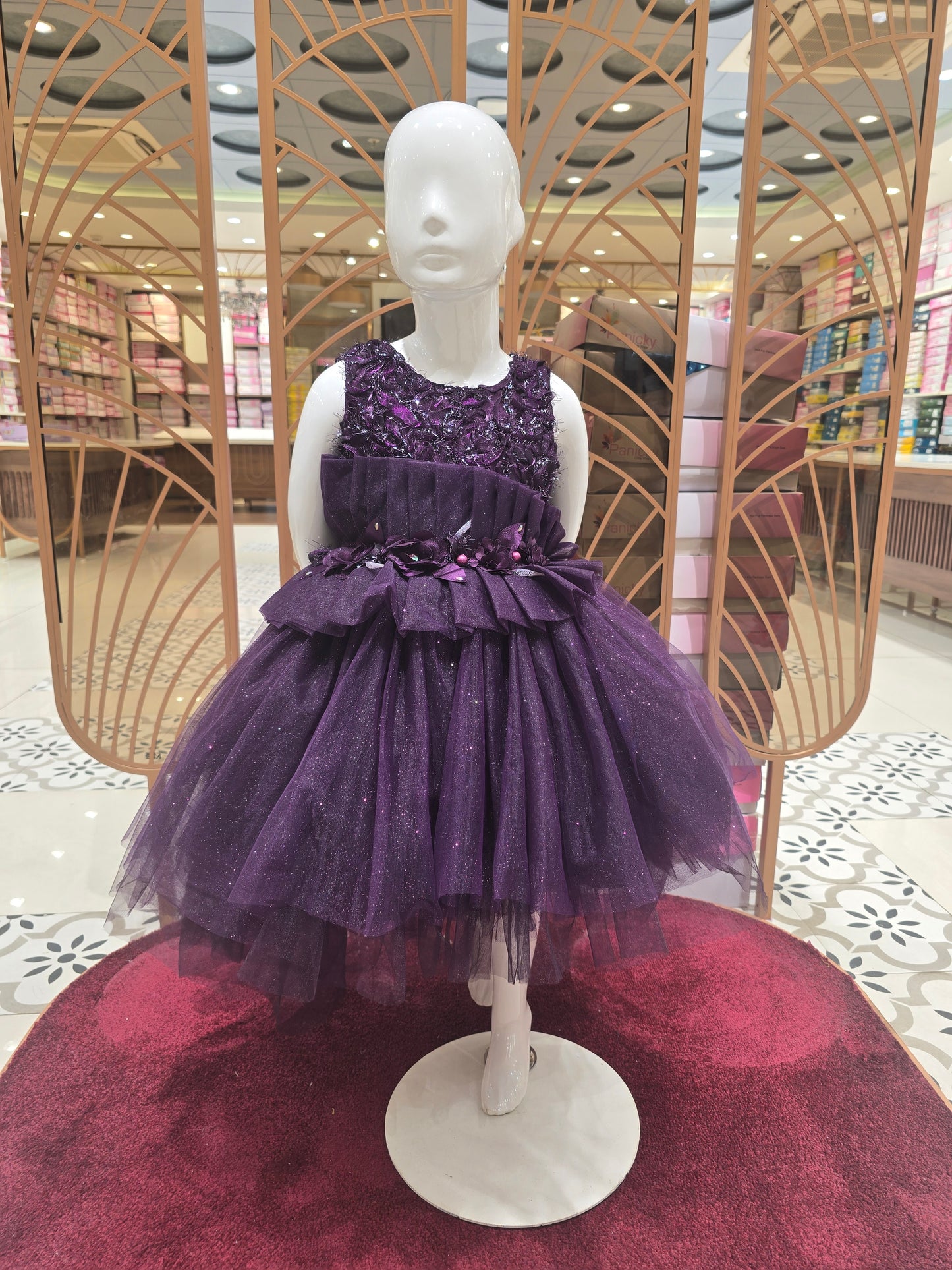 Purple Thelcut Partywear Net Frock with Shimmer Fabric & Sequin Work – Sleeveless Kids Party Dress