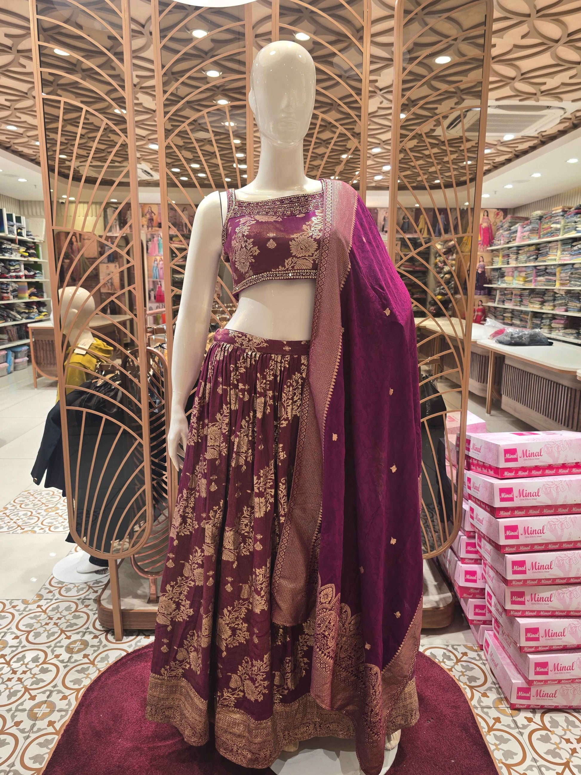 Women Burgundy Wine Banarasi Lehenga Set