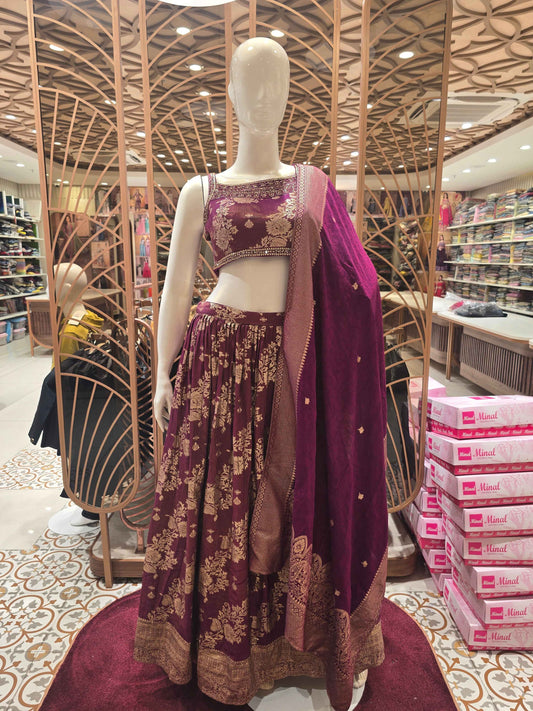 Women Burgundy Wine Banarasi Lehenga Set