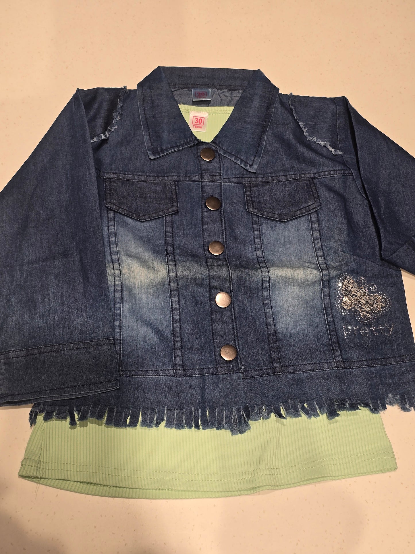 Girl Blue Denim Jacket with Green T-Shirt Set