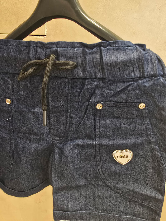 Girls Cotton Denim Jean Shorts in Dark Blue with Two Pocket Design, Elastic Waist and Tie for Summer Casual Wear