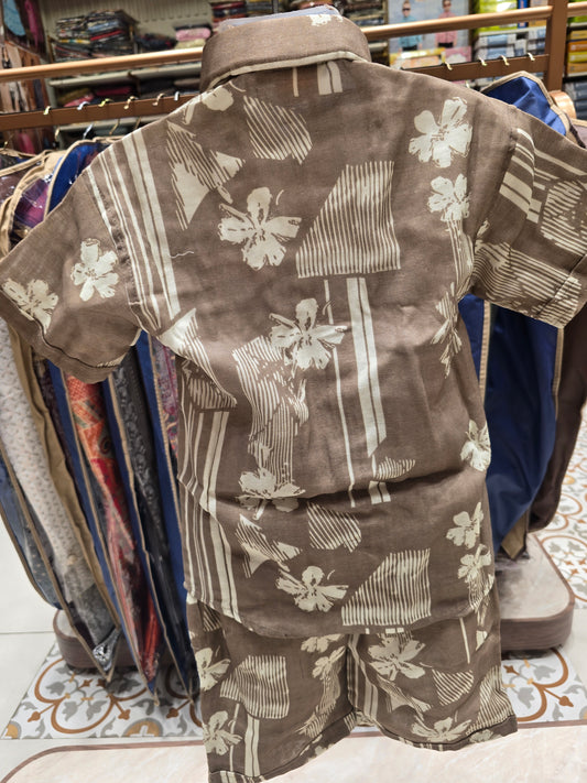 Boys Cotton Capri Set in Brownish Cream Color with Fancy Printed Design and Stylish Shirt for Summer Casual Wear