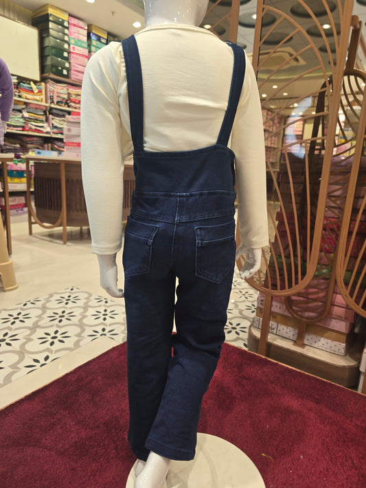 Girls Navy Blue Denim Dangri Set