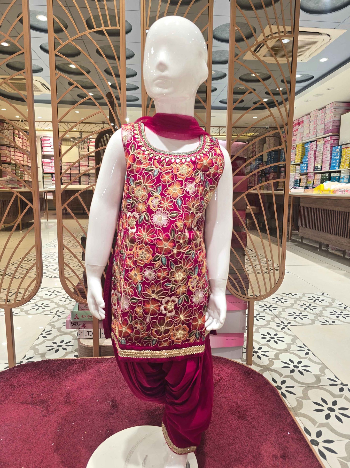 Chiffon material Rani pink colour Patiala Chudidhar with multi colour floral front embroidery