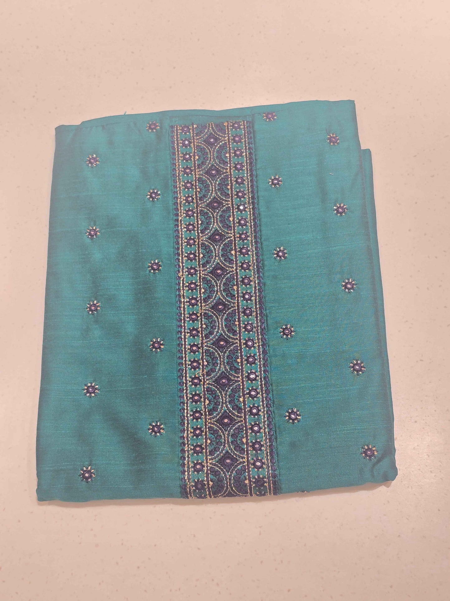 Women Blue Semi Cotton Embroidered Dress Material Set