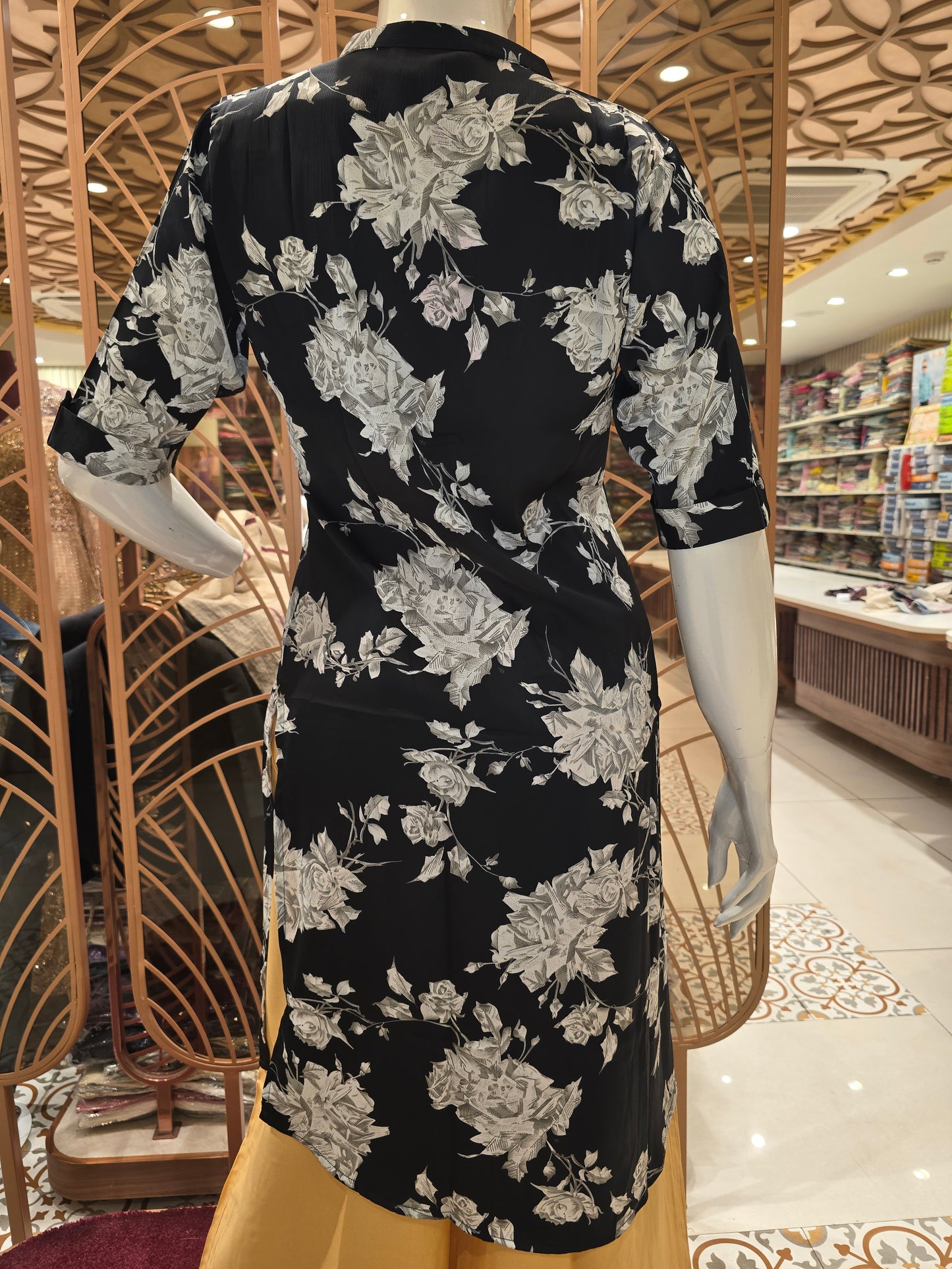 Women Black Printed Rayon Straight Top