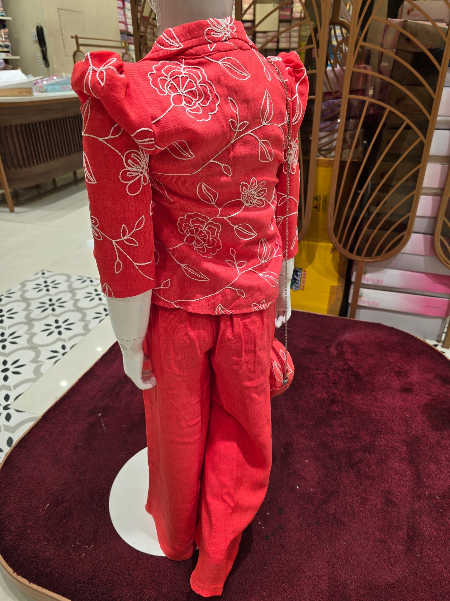 Linen Cotton Light Orange Coat Set with Embroidery Jacket, Puff Sleeves & Sling Bag (3-Piece Set)