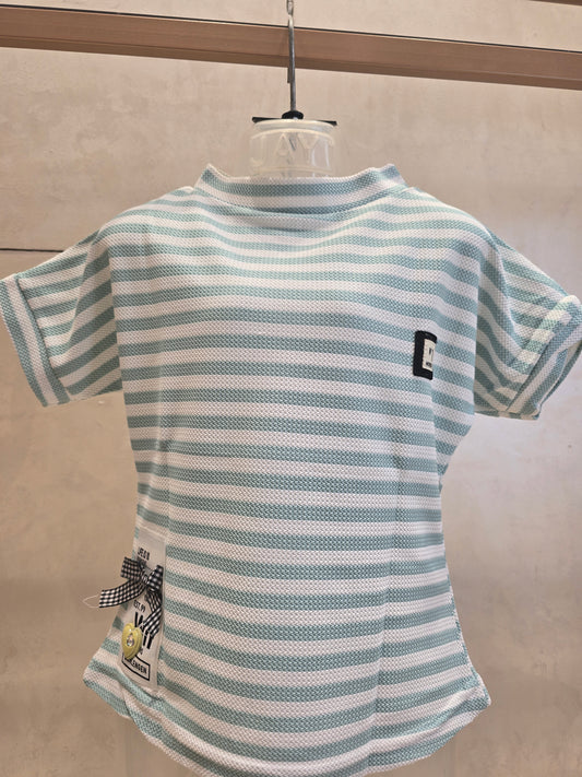 White Hosiery Western Top for Girls with Sky Blue Horizontal Stripes & Rubber Print – Casual Wear