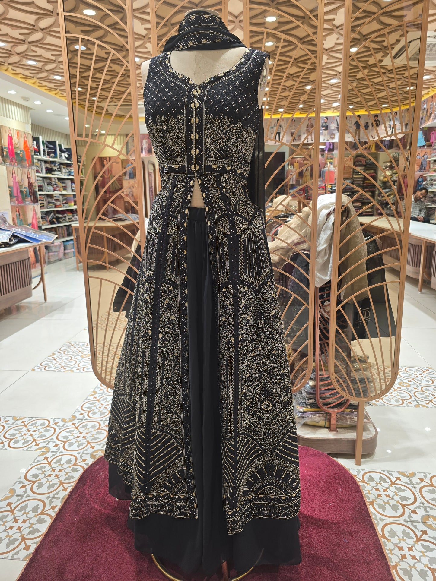 Black Georgette Gown-Style Lehenga with Embroidery & Tikli Stonework | Sleeveless Long Top with Dupatta