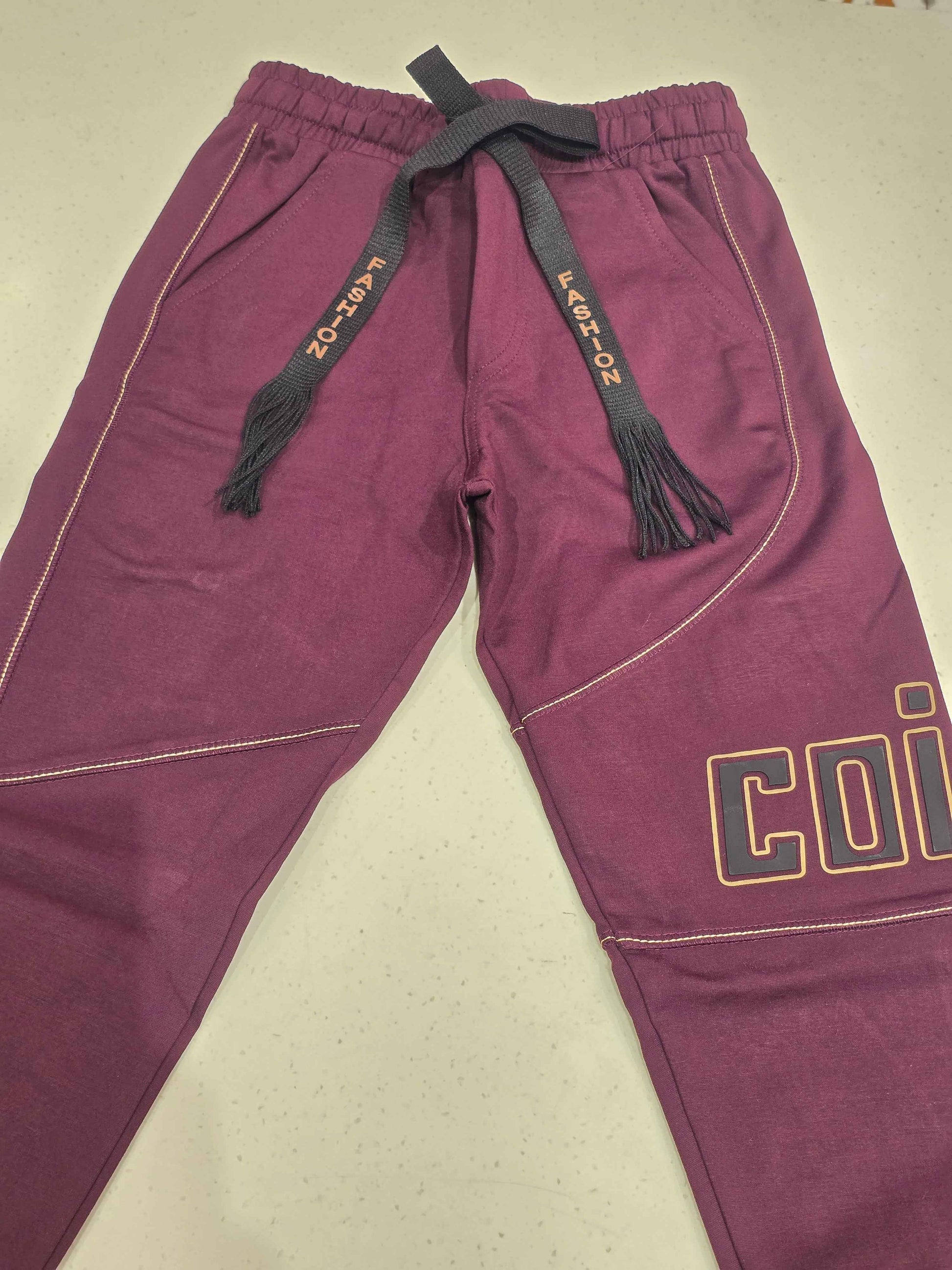 Jersey material wine color casual pant for boys round Elasticable