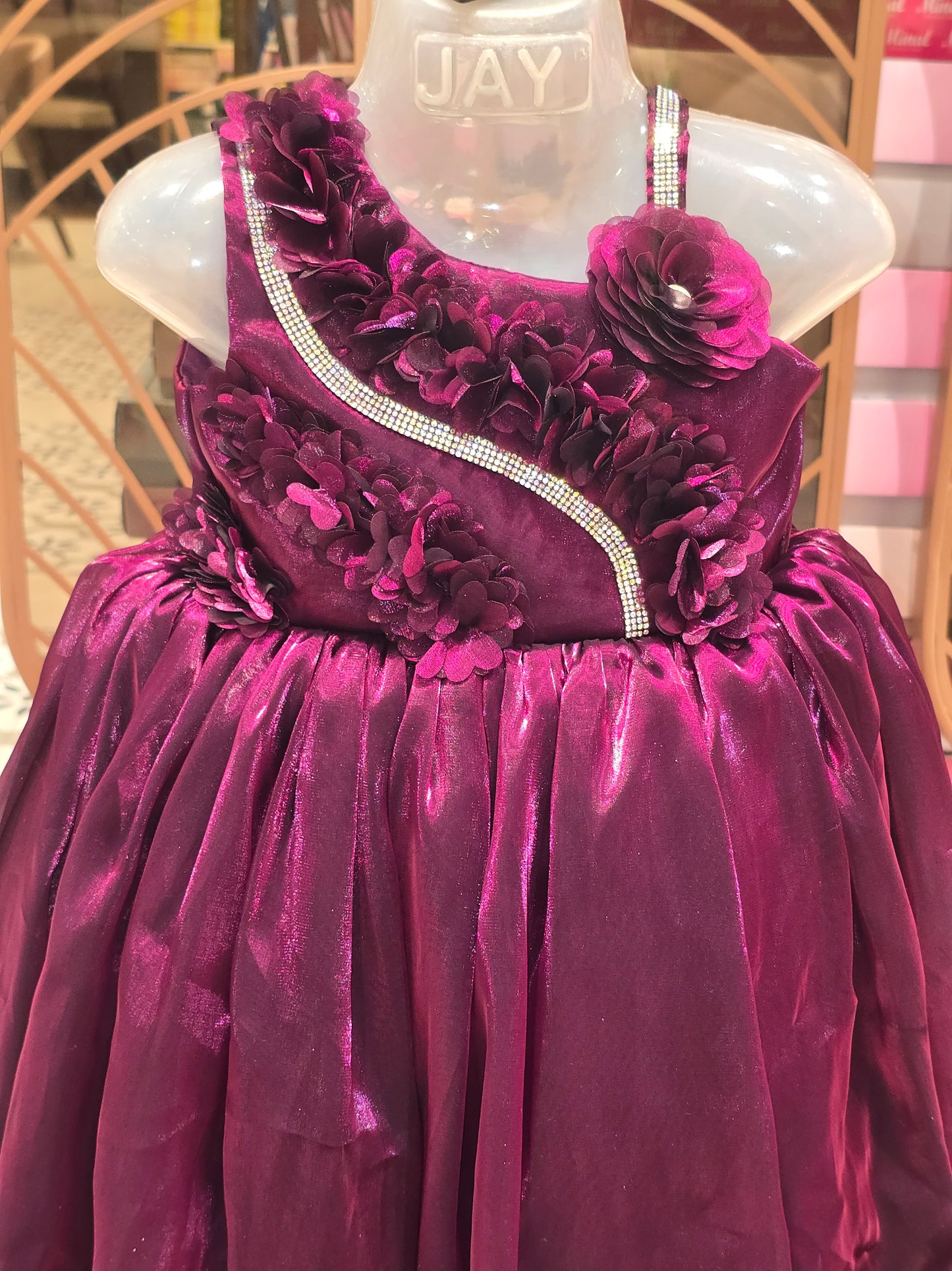 Girl Wine Colour Chiffon Flower Cut Party Gown