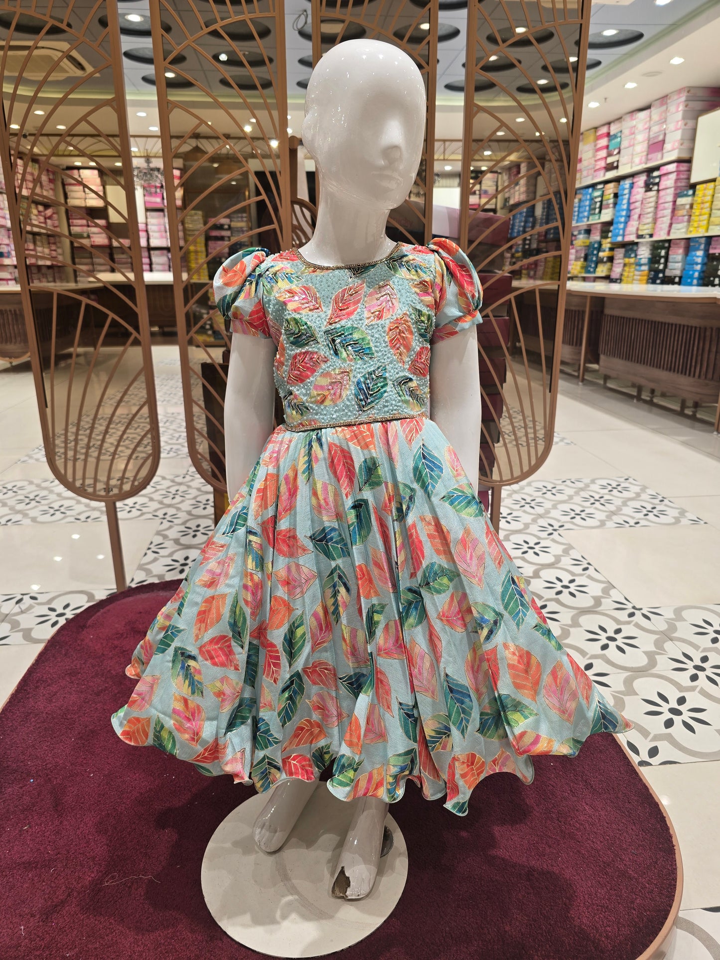 Mint Green Printed Sequin Ethnic Frock for Girls – Party & Festive Wear Set