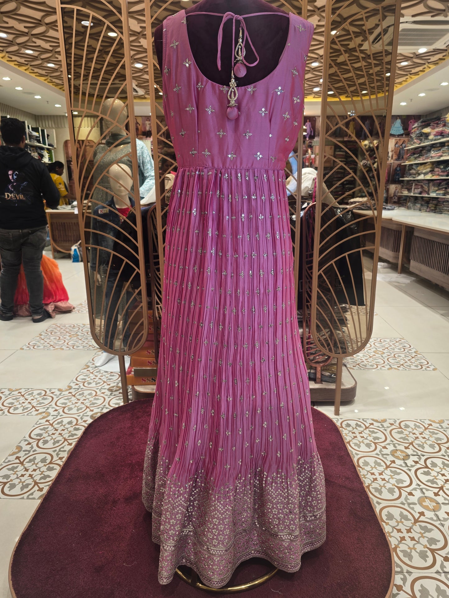 Women’s Tissue Crush Party Wear Gown in Baby Pink with Flower Designed Sequins Work and Sequence Border Dupatta for Festive Occasions