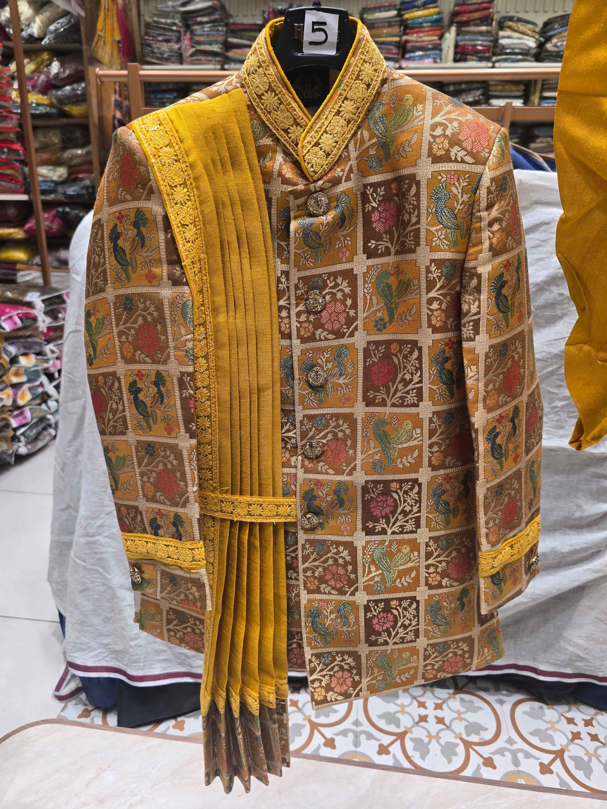 Boys mustred base Dupion Silk Indo-Western Set with checked Design and Mala