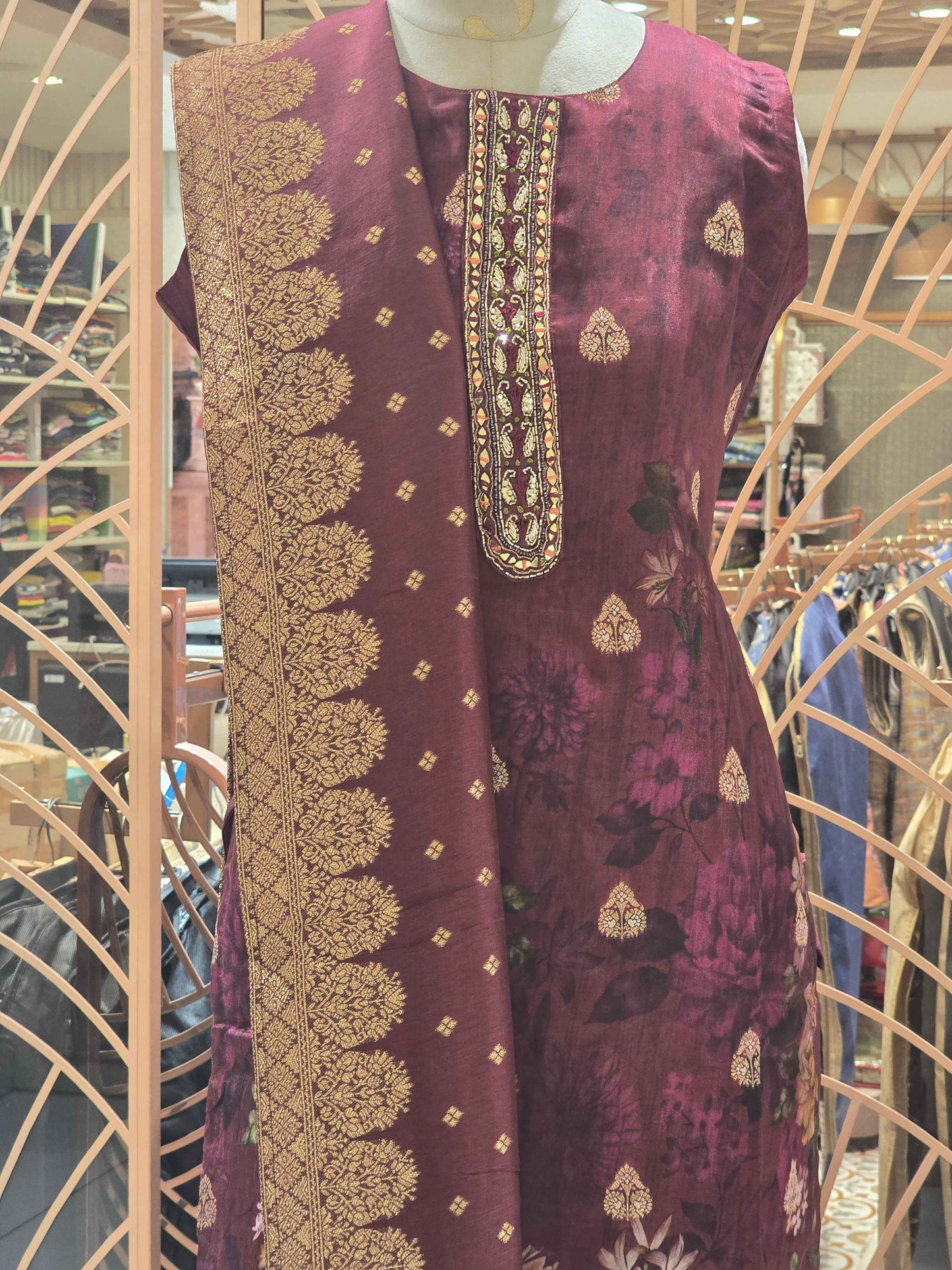 Banarasi material brown color kurta set with round neck