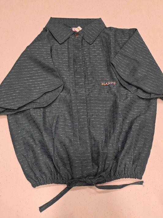 charcoal grey short-sleeved bomber jacket or blouse