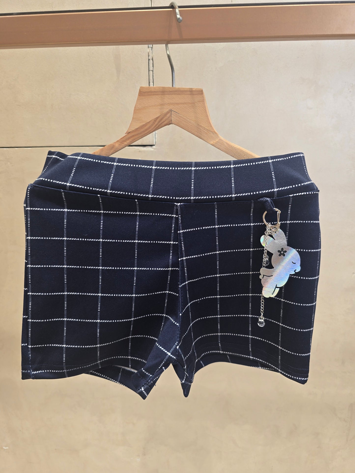 Girls Lycra Casual Wear Shorts in Dark Blue with Checked Pattern, Key Chain Detail and Elastic Waist for Summer Wear
