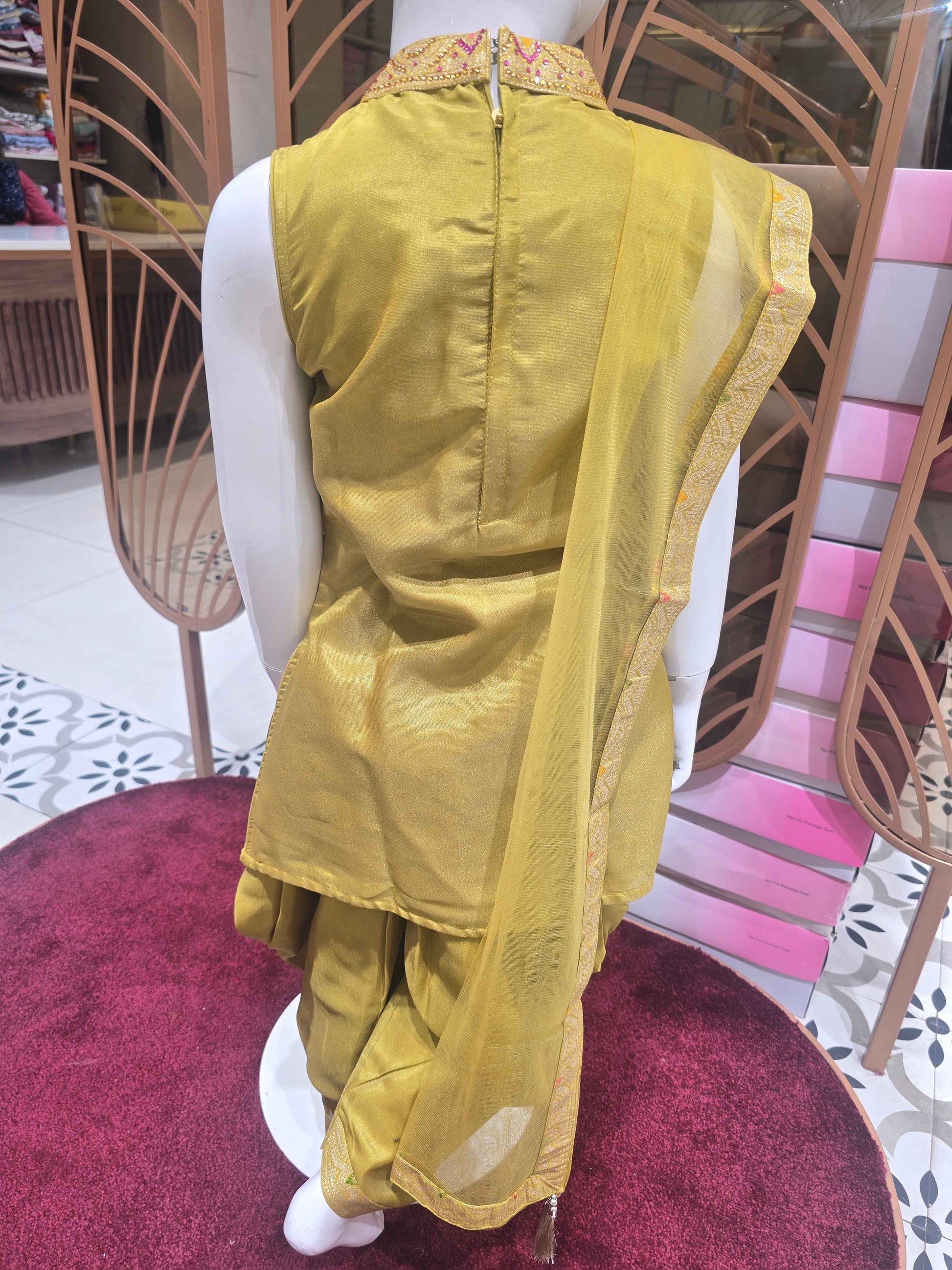 Tissue Material olive green color Patiala set with colar neck