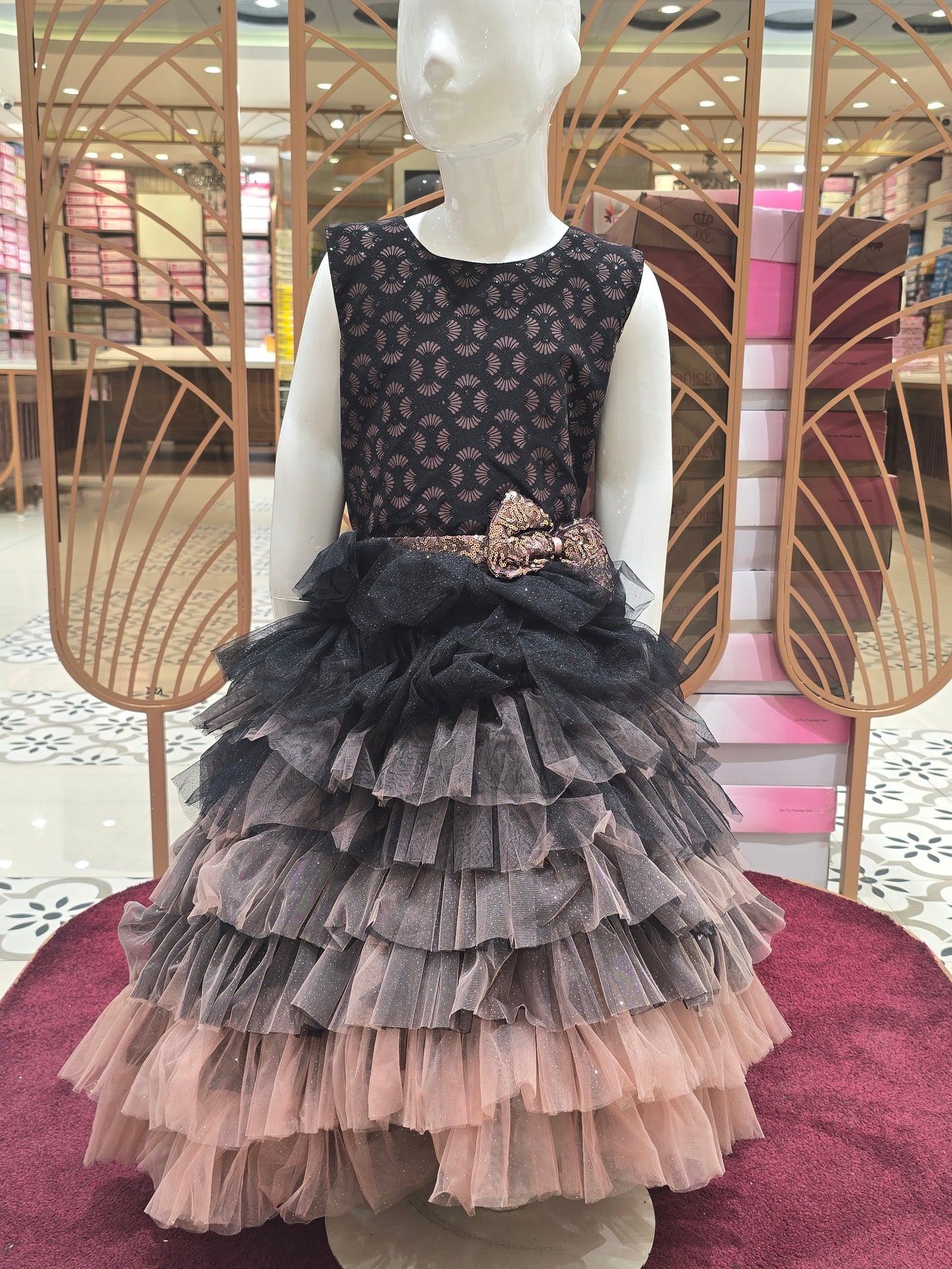 Girl Black Peach Layered Knitted Party Short Frock