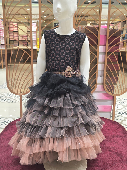 Girl Black Peach Layered Knitted Party Short Frock