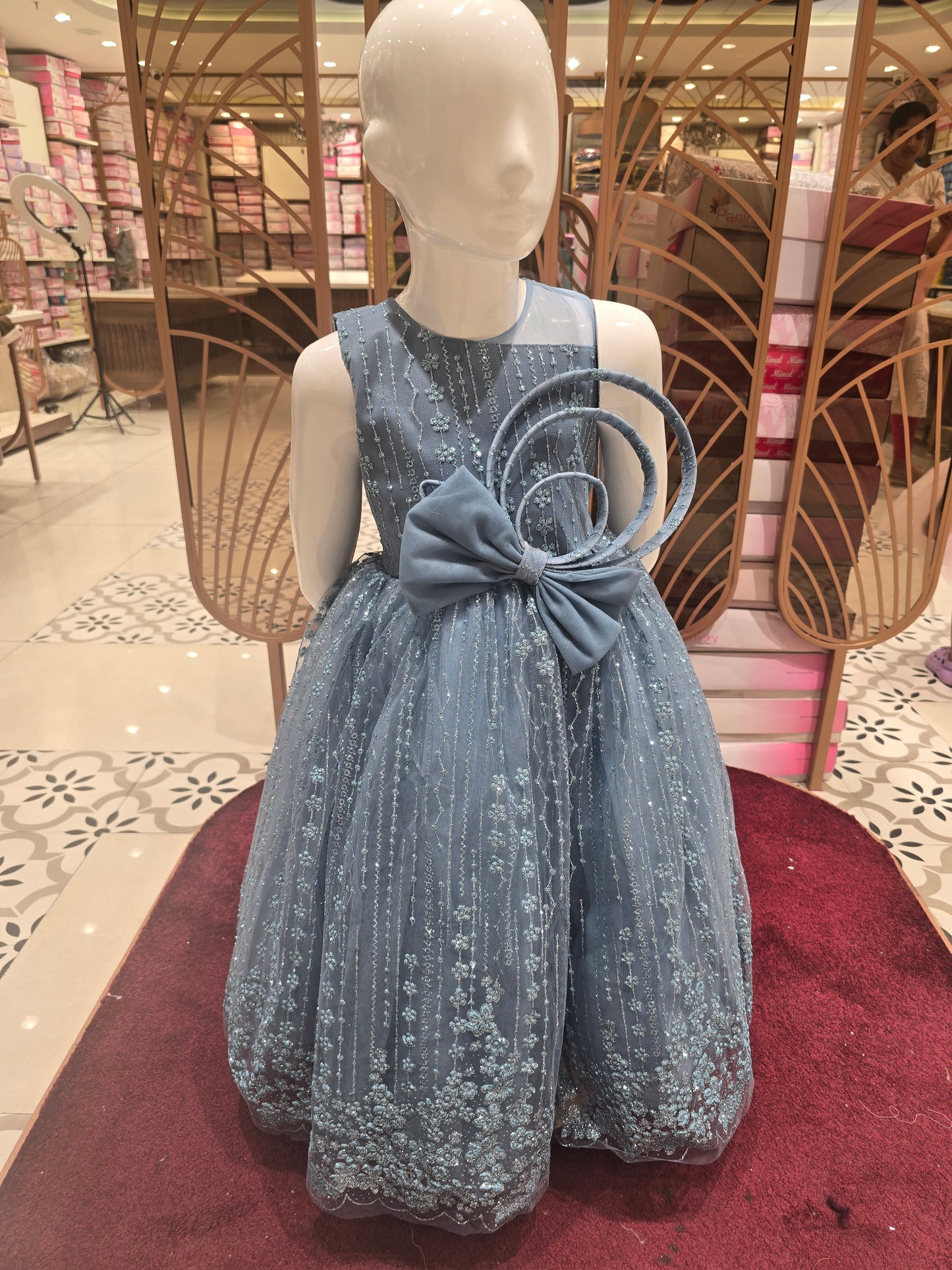 Light Blue Netted Glitter Party Gown with Detachable Bow, Half-Sleeve Look – Stylish Party Wear for Girls (Age 5, Size 24)