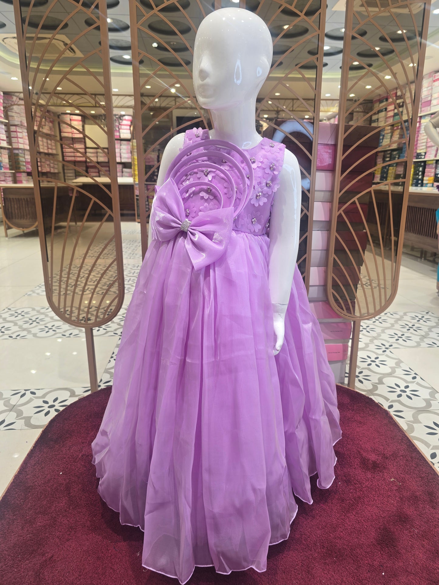 Light Purple Plain Organza Party Wear Gown for Girls with Floral Design and Detachable Bow Detail