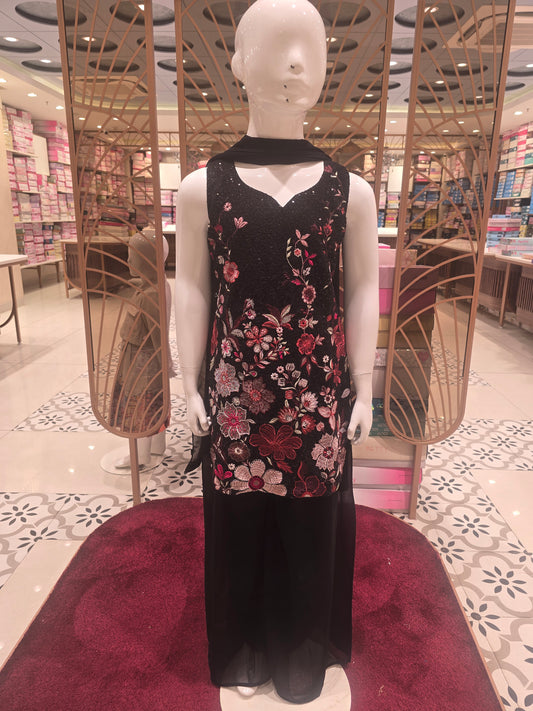 Black Chiffon Sharara Palazzo Set for Girls with Sequins & Floral Embroidery – Ethnic 3 Piece Set