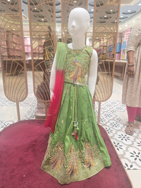 Crape material Parrot green colour gaghra set with peacock design and multi colour zari embroidery
