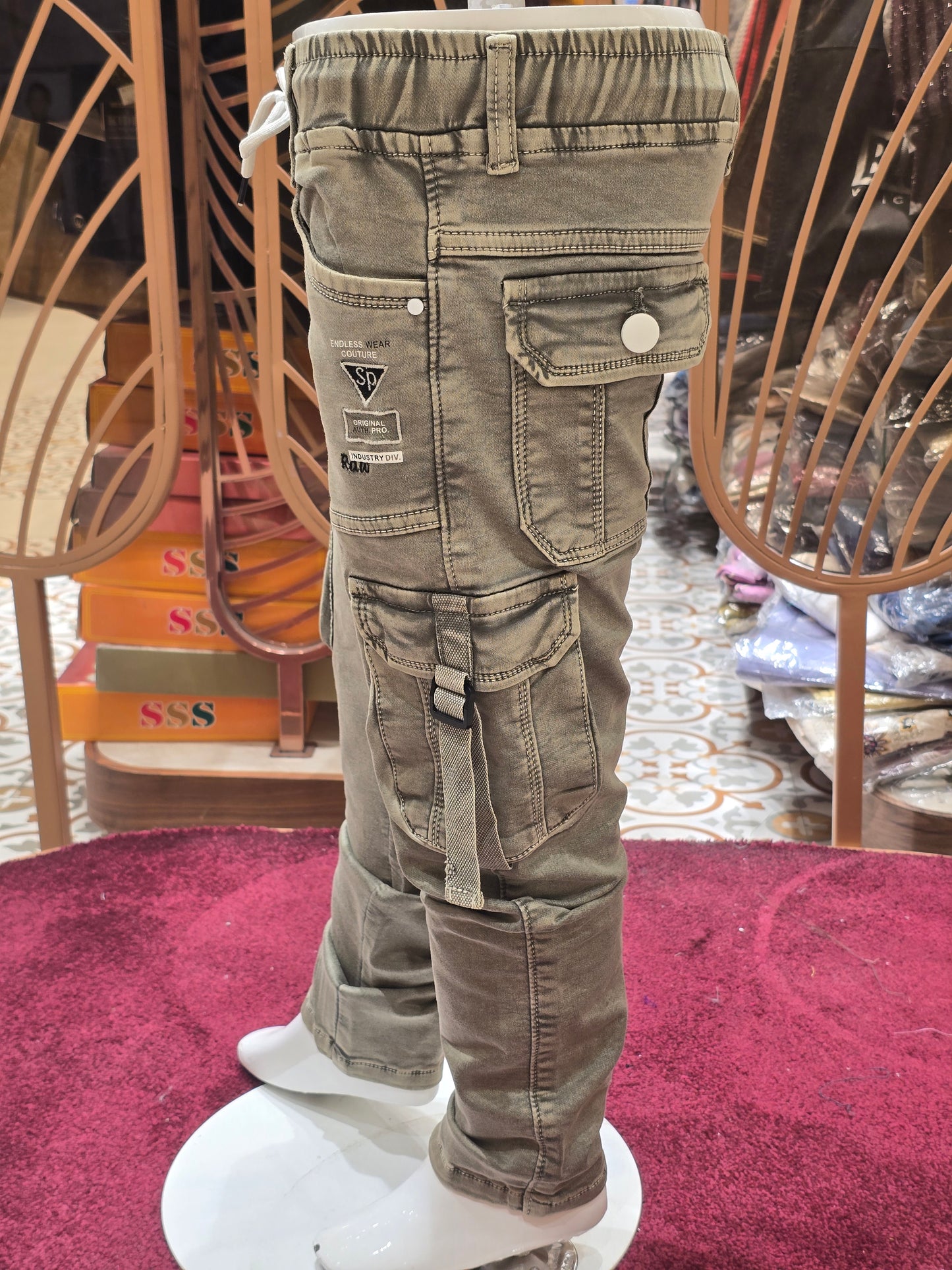 Greenish Grey Jeans Cargo Pants for Boys with Ribbon Detail, Six Pocket Design and Round Elastic Waistband