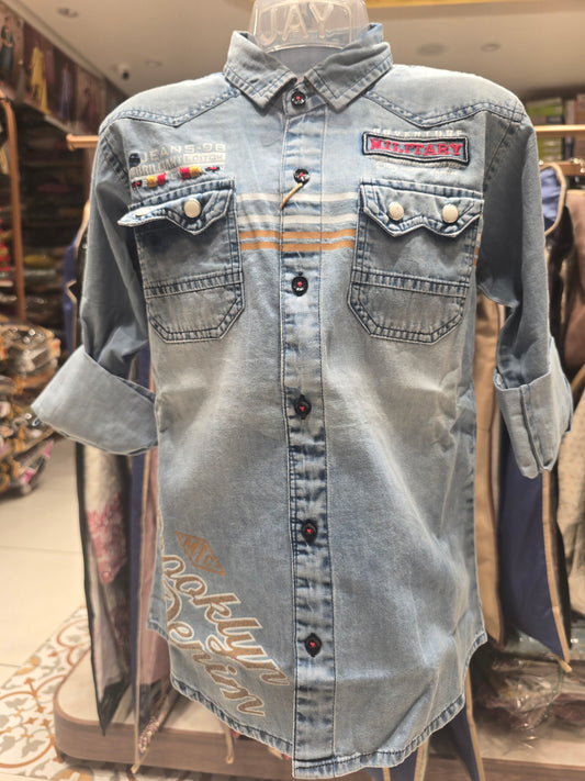 Soft Denim Party Wear Shirt for Boys with Dual Pockets, Back Letter Print and Foldable Full Sleeves
