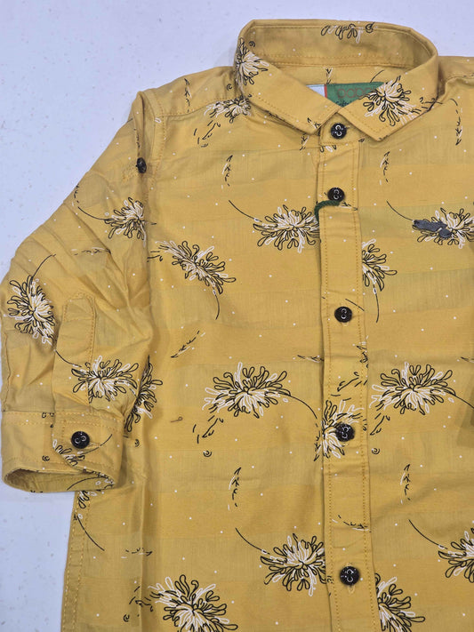 Printed cotton material yellow color shirt for boy with colar neck
